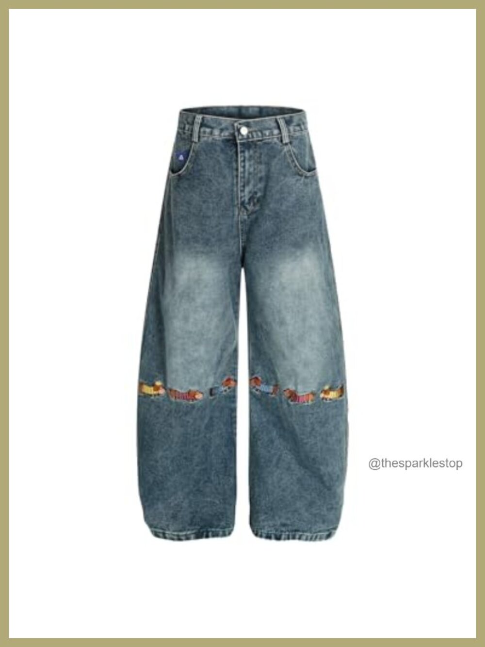 Aelfric Eden Dachshund Embroidery Baggy Barrel Jeans Wide Leg Denim